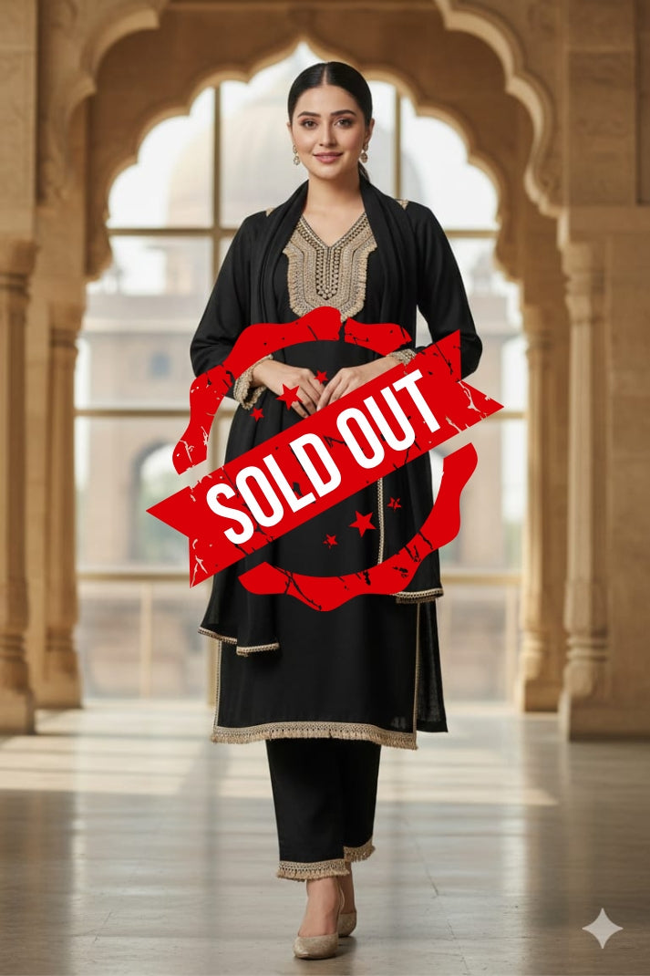 Black Woollen Suit Dupatta Set – 42″ Shirt with Jute Lace Detailing + Trousers & Stole | Label Anju Kumar