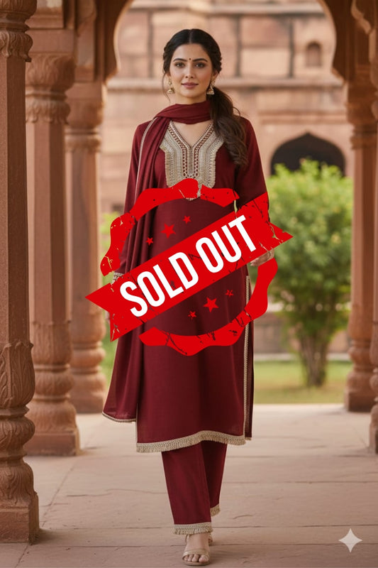 Red Woollen Suit Dupatta Set – 42″ Shirt with Jute Lace Detailing + Trousers & Stole | Label Anju Kumar
