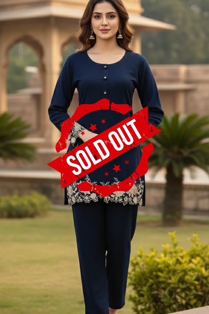 Navy Blue Woollen Coord Set with Thread Embroidery – Warm Women’s Ethnic Wear | Label Anju Kumar