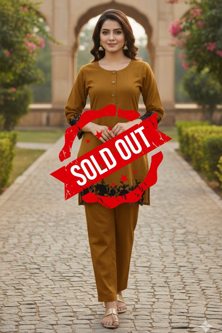Mustard Woollen Coord Set with Thread Embroidery – Cozy & Stylish Winter Ethnic Wear | Label Anju Kumar