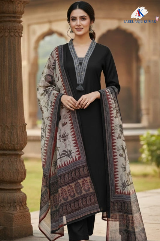 Black Muslin Modal Straight Suit with Chanderi Madhubani Dupatta – Women’s Festive Wear