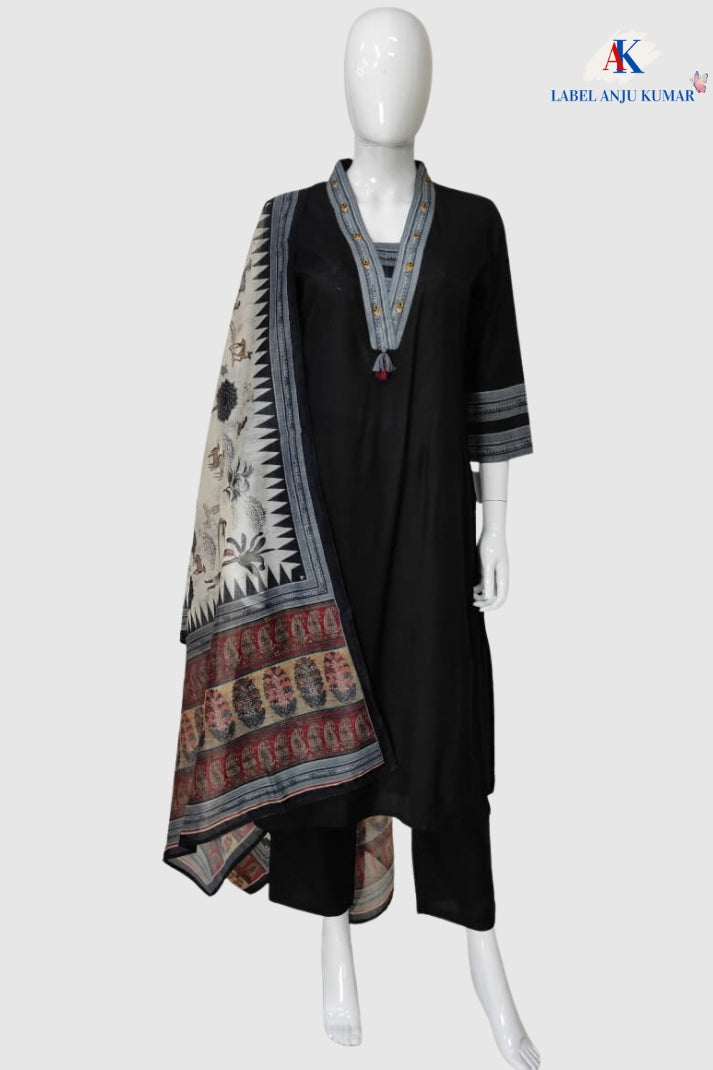 Black Muslin Modal Straight Suit with Chanderi Madhubani Dupatta – Women’s Festive Wear