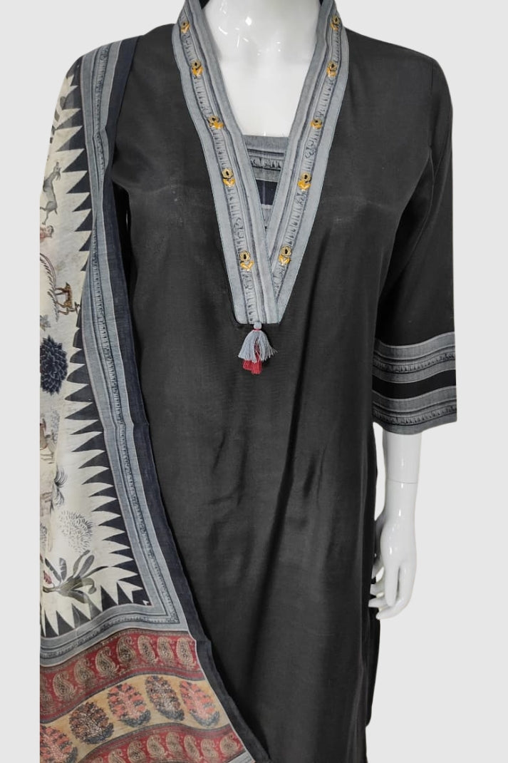 Black Muslin Modal Straight Suit with Chanderi Madhubani Dupatta – Women’s Festive Wear