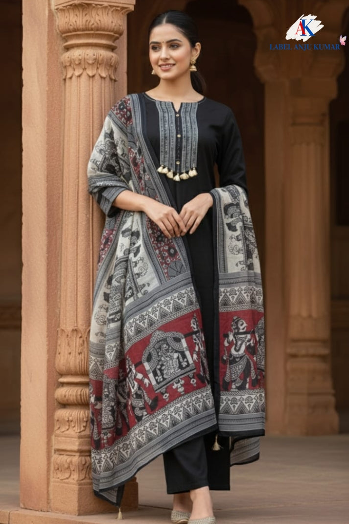 Black Muslin Modal Straight Suit with Chanderi Madhubani Dupatta – Women’s Festive Wear