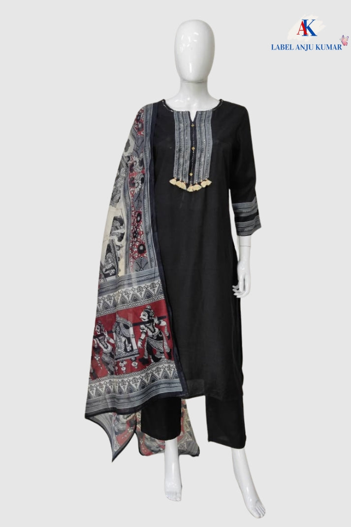 Black Muslin Modal Straight Suit with Chanderi Madhubani Dupatta – Women’s Festive Wear