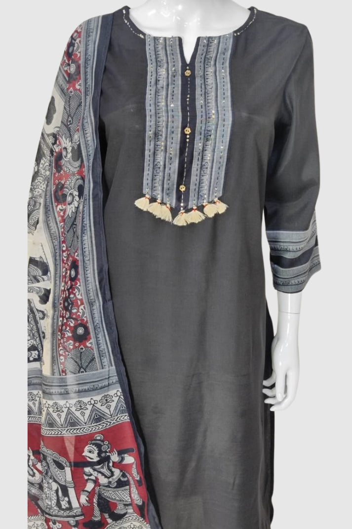 Black Muslin Modal Straight Suit with Chanderi Madhubani Dupatta – Women’s Festive Wear