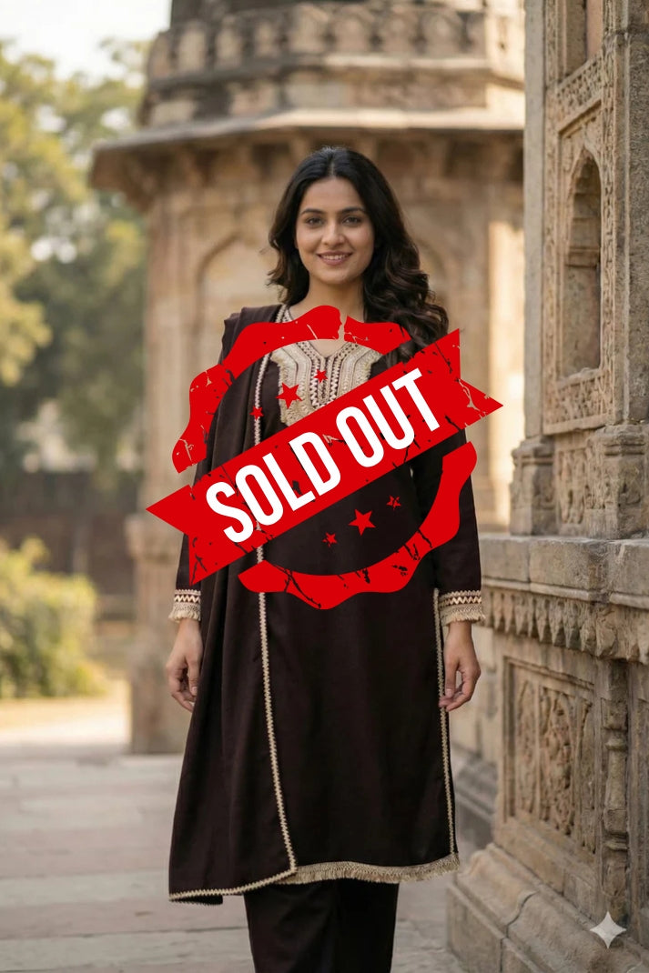 Brown Woollen Suit Dupatta Set – 42″ Shirt with Jute Lace Detailing + Trousers & Stole | Label Anju Kumar