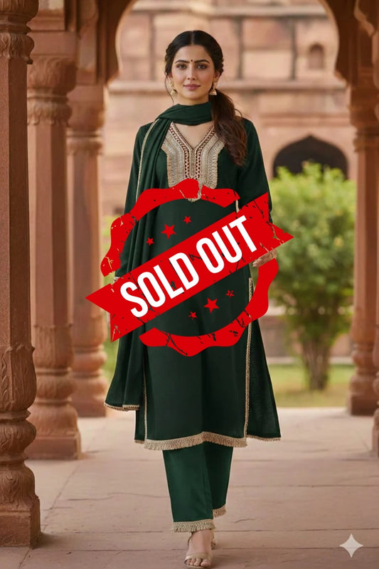 Green Woollen Suit Dupatta Set – 42″ Shirt with Jute Lace Detailing + Trousers & Stole | Label Anju Kumar