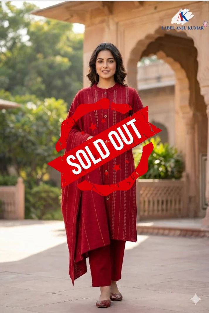Red Woollen Embroidered Suit Dupatta Set – Winter Ethnic Wear | Label Anju Kumar