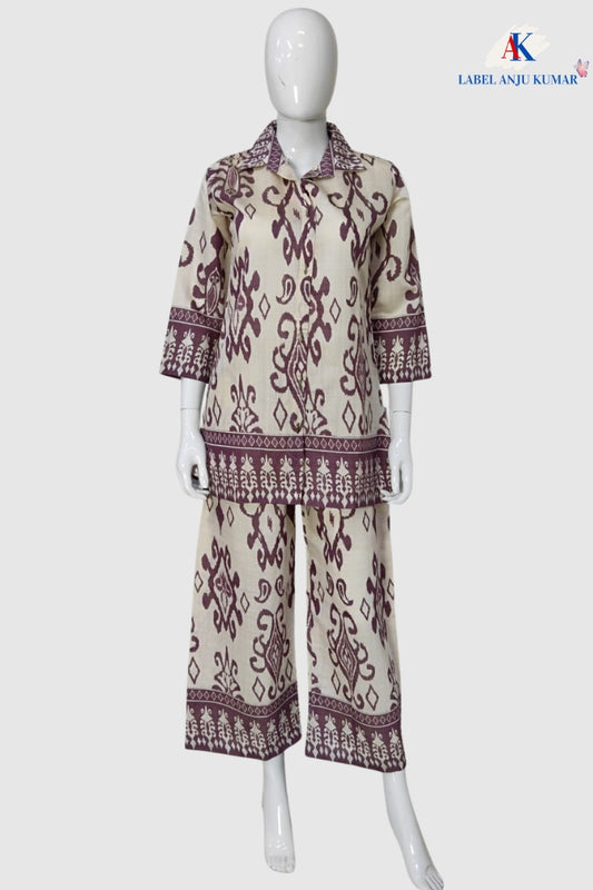 Wine Chanderi Cotton Ikkat Print Coord Set for Women