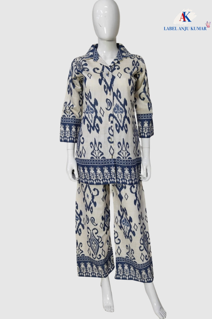 Grey Chanderi Cotton Ikkat Print Coord Set for Women