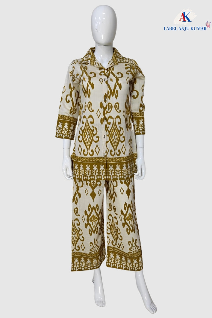 Mustard Chanderi Cotton Ikkat Print Coord Set for Women