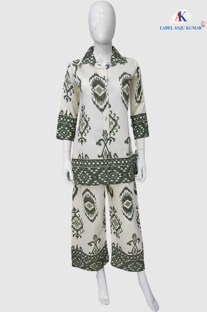 Green Chanderi Cotton Ikkat Print Coord Set for Women