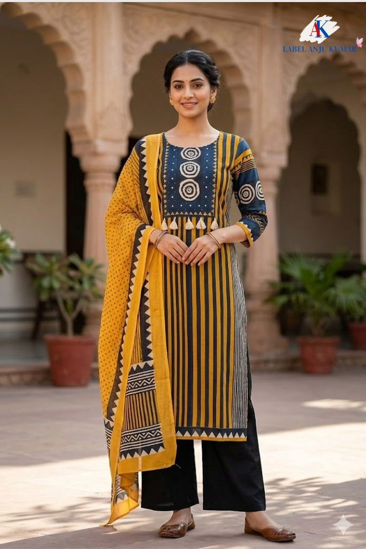 Mustard Pure Cotton Printed Straight Suit Dupatta Set