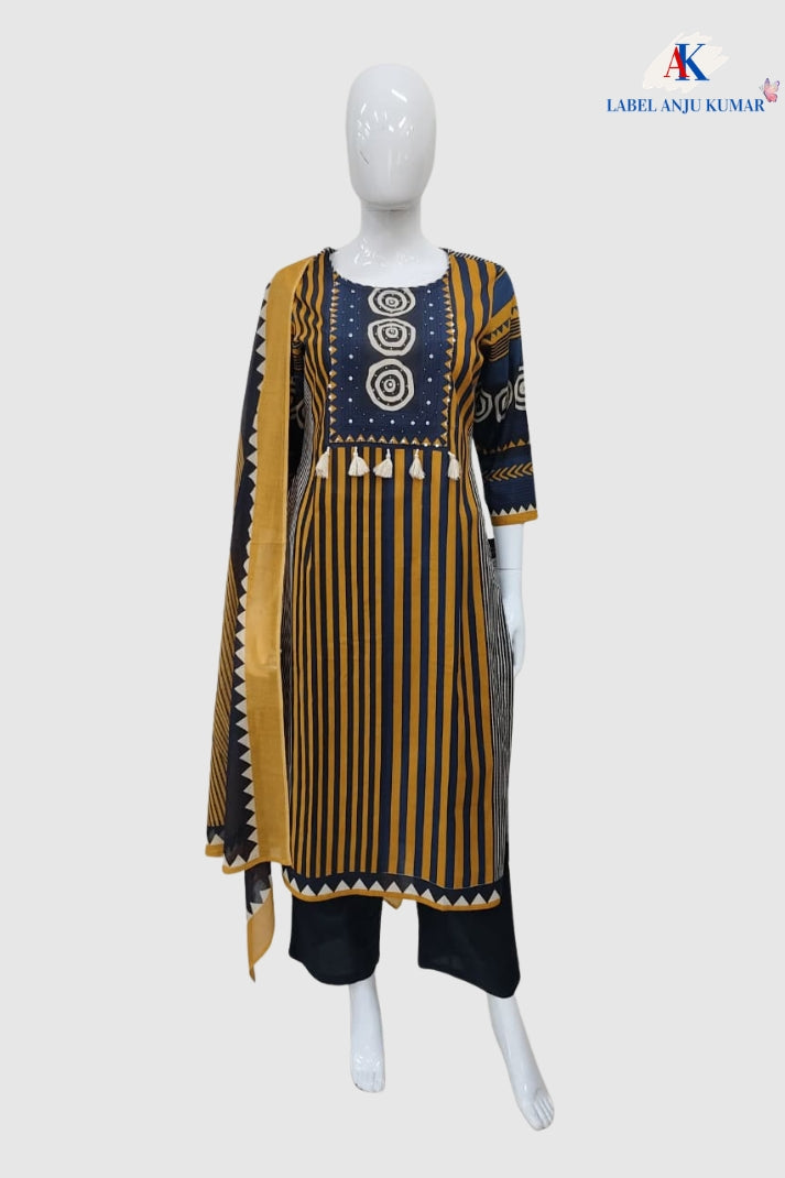 Mustard Pure Cotton Printed Straight Suit Dupatta Set