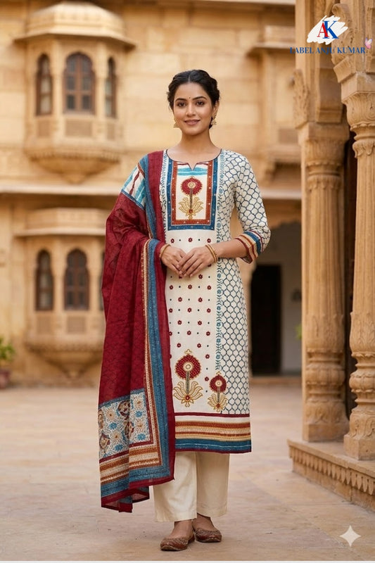 Offwhite Ferozi Pure Cotton Printed Straight Suit Dupatta Set