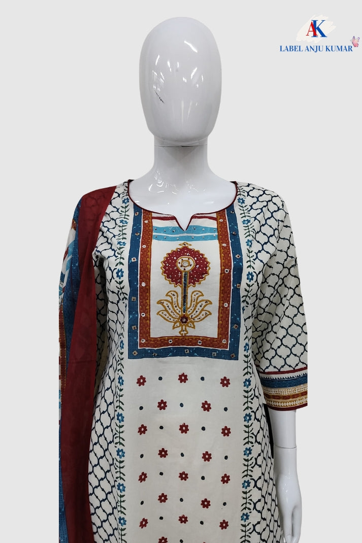 Offwhite Ferozi Pure Cotton Printed Straight Suit Dupatta Set