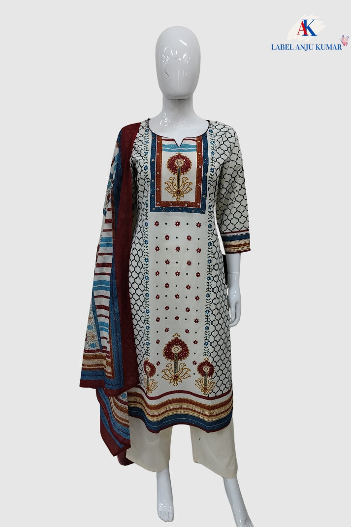 Offwhite Ferozi Pure Cotton Printed Straight Suit Dupatta Set