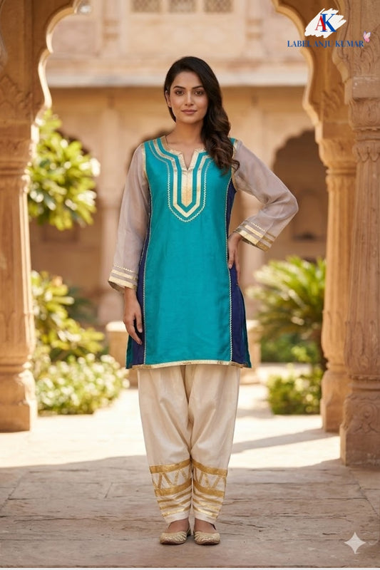 Ferozi Grey Organza Tissue Celebrity Style Farshi Salwar Set with Gota Work