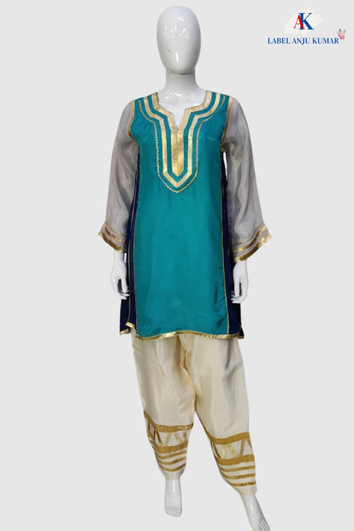 Ferozi Grey Organza Tissue Celebrity Style Farshi Salwar Set with Gota Work