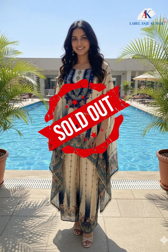 Blue Print Crape Silk Kaftan C-Cut Coord Set – Formal Wear Women’s Ethnic Outfit