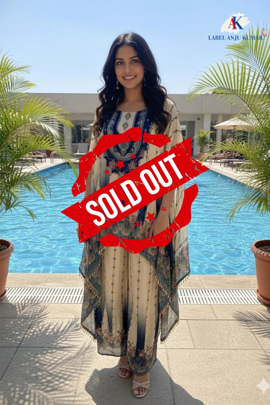 Blue Print Crape Silk Kaftan C-Cut Coord Set – Formal Wear Women’s Ethnic Outfit