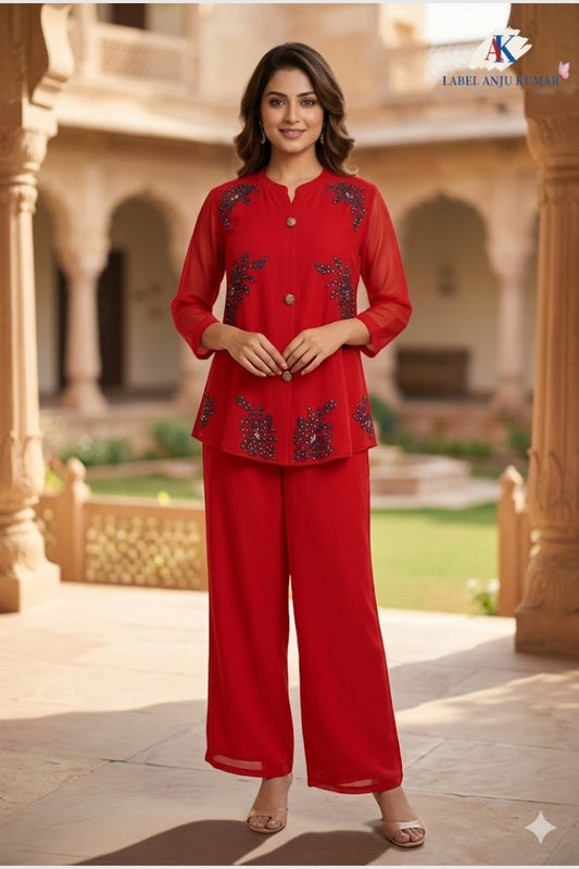 Red Georgette Coord Set with Aari Thread Work & Straight Trousers | Label Anju Kumar