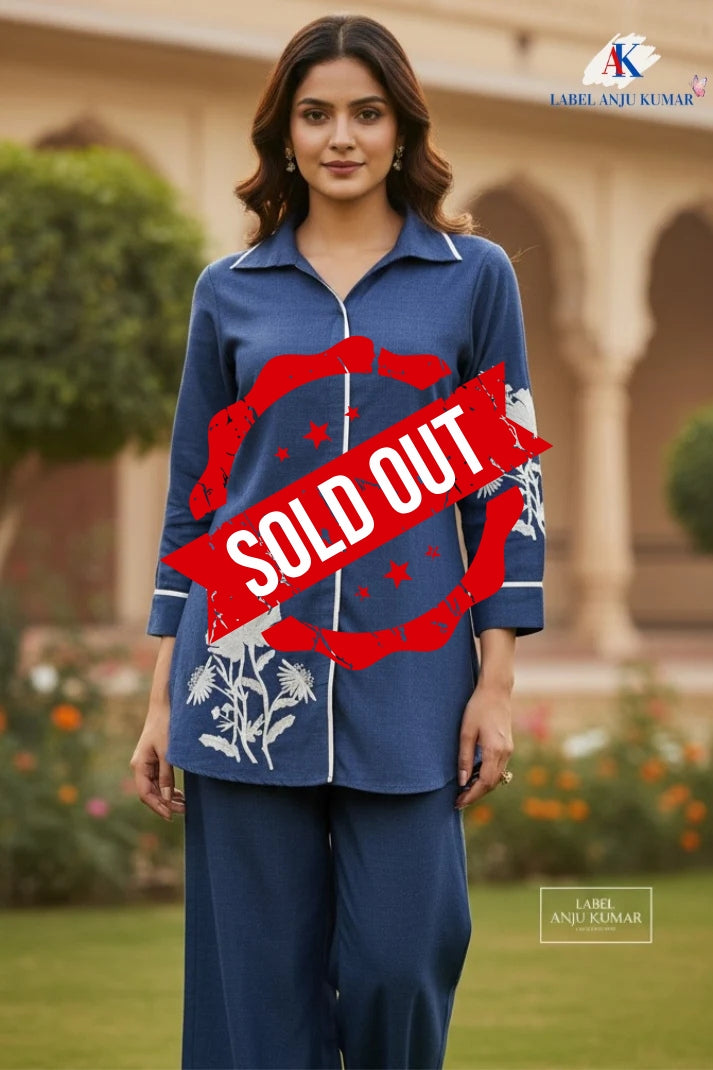 Denim Blue Cotton Lilen Coord Set with Collar Style & Thread Work | Label Anju Kumar