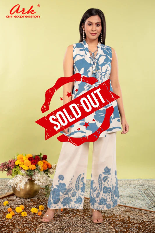 Blue Printed A-Line Coord Set | Pure Cotton Ethnic Co-ord for Women (M–3XL)
