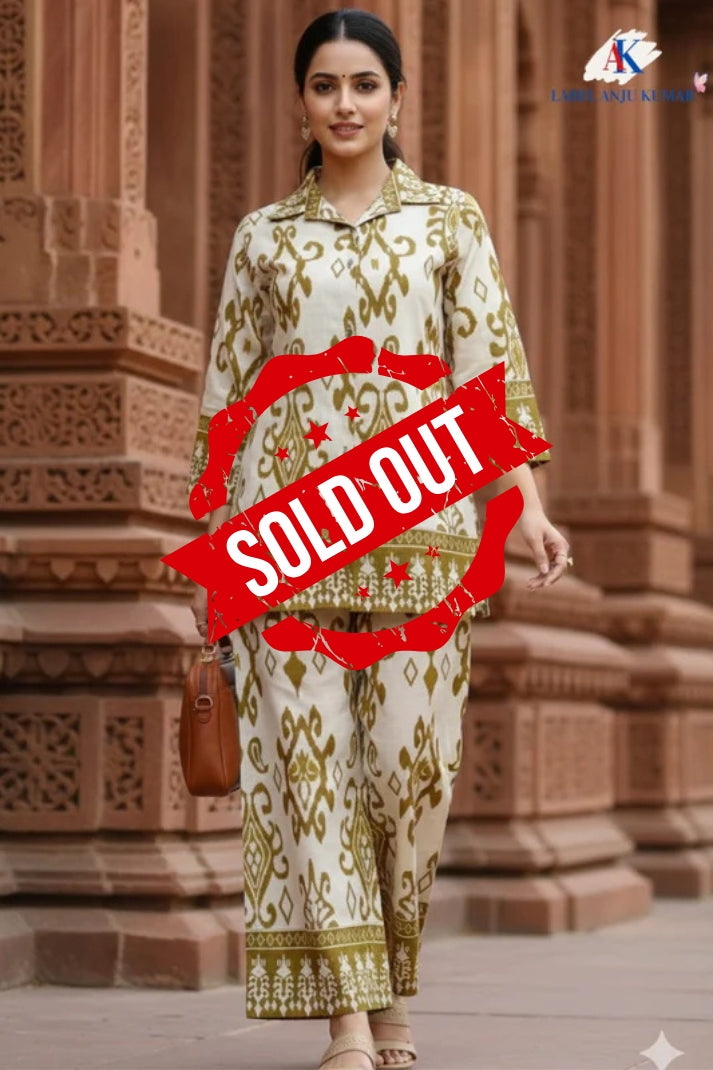 Mustard Chanderi Cotton Ikkat Print Coord Set for Women