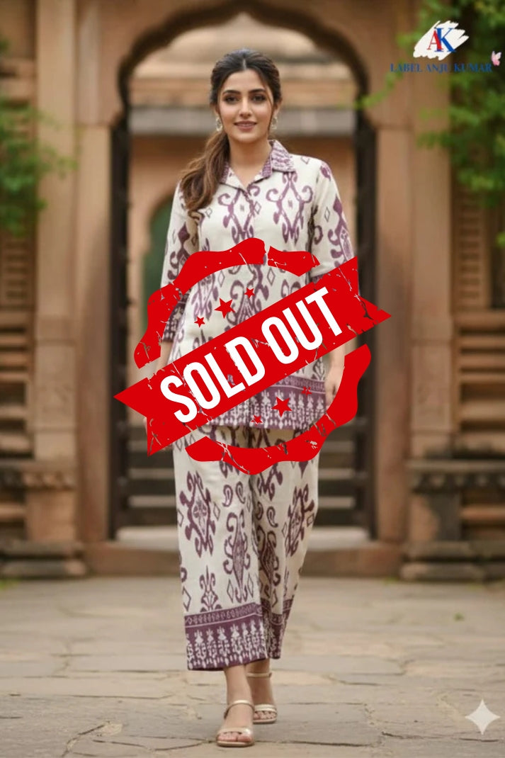 Wine Chanderi Cotton Ikkat Print Coord Set for Women