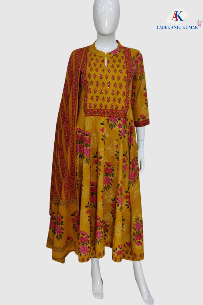 Mustard Cotton Printed Anarkali Suit Dupatta Set with Embroidery