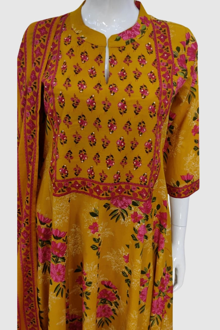 Mustard Cotton Printed Anarkali Suit Dupatta Set with Embroidery