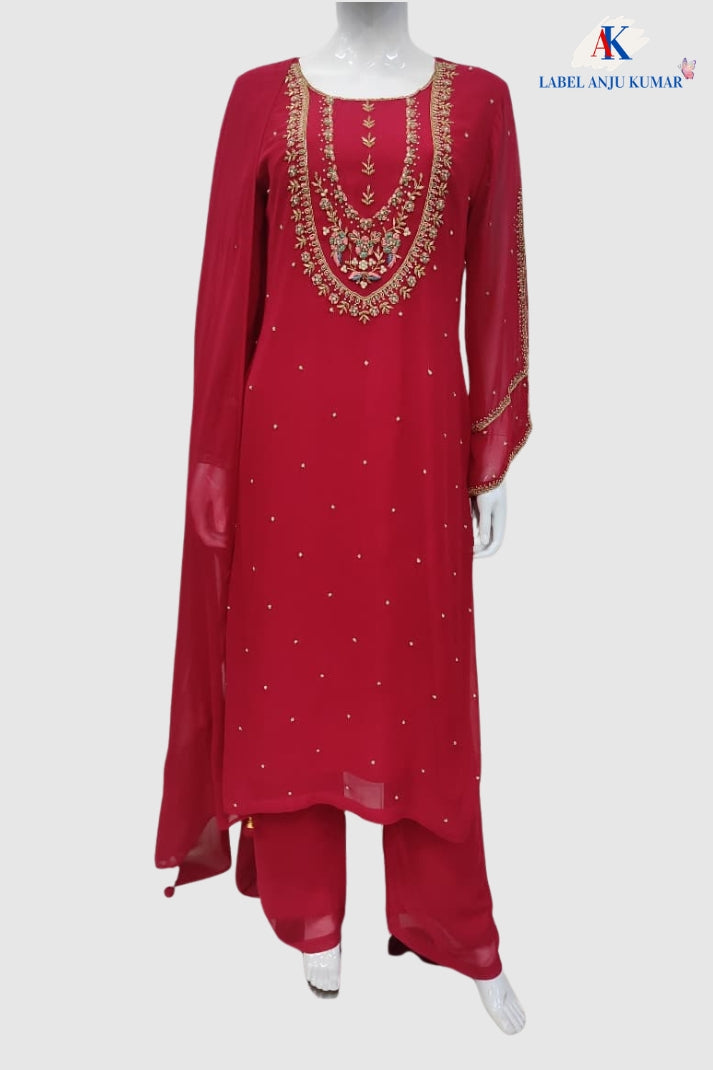 Magenta Pure Georgette Semi-Formal Straight Suit Dupatta Set