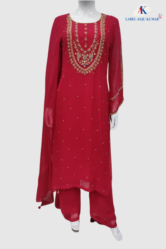 Magenta Pure Georgette Semi-Formal Straight Suit Dupatta Set