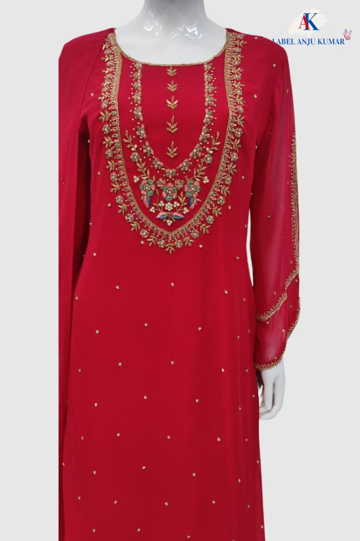 Magenta Pure Georgette Semi-Formal Straight Suit Dupatta Set