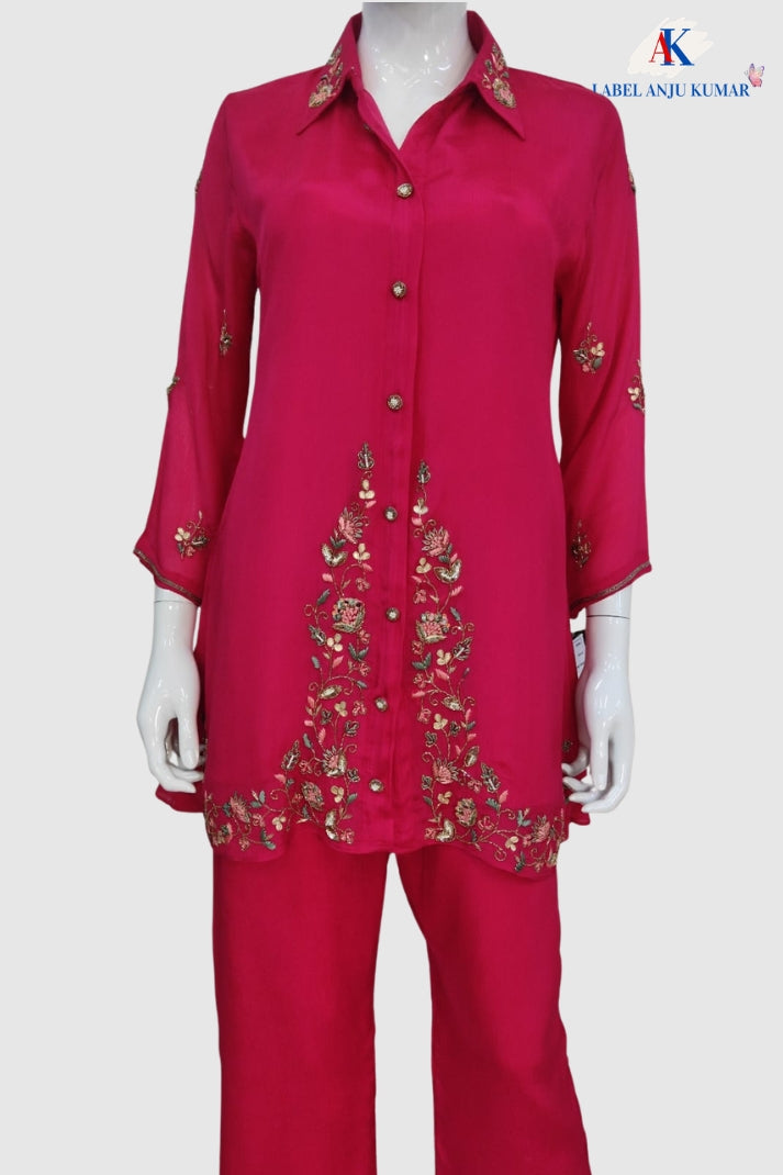 Magenta Pure Chinnon Semi-Formal Co-ord Set with Handwork