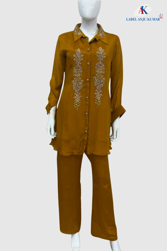 Mustard Pure Chinnon Handworked Semi-Formal Co-ord Set