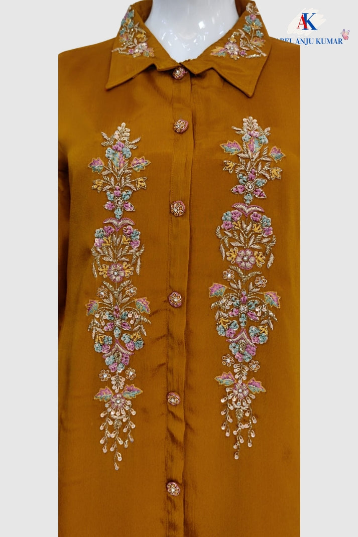 Mustard Pure Chinnon Handworked Semi-Formal Co-ord Set