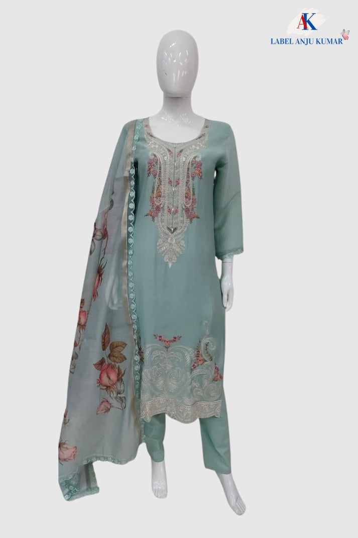 Sky Mal Chanderi Straight Suit Dupatta Set with Thread Embroidery