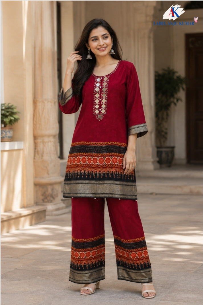 Mehroon Premium Modal Rayon Digital Printed Co-ord Set with Mirror Hand Embroidery