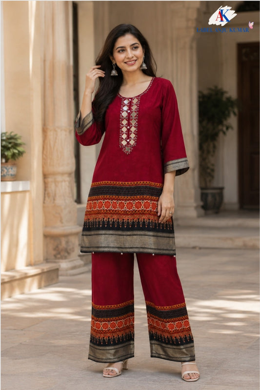 Mehroon Premium Modal Rayon Digital Printed Co-ord Set with Mirror Hand Embroidery