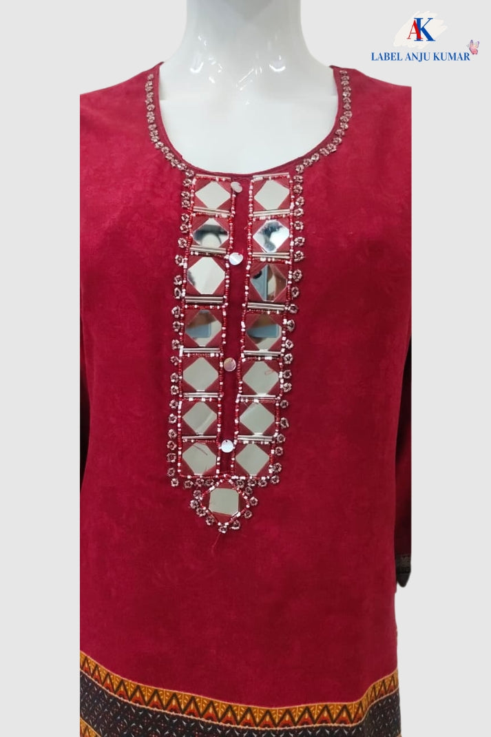 Mehroon Premium Modal Rayon Digital Printed Co-ord Set with Mirror Hand Embroidery
