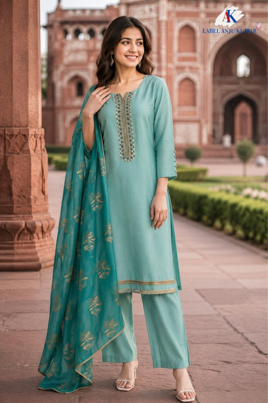 Sky Blue Premium Crape Silk Straight Suit with Zardozi Work & Organza Dupatta