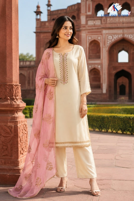 Light Beige Premium Crape Silk Straight Suit with Zardozi Work & Organza Dupatta