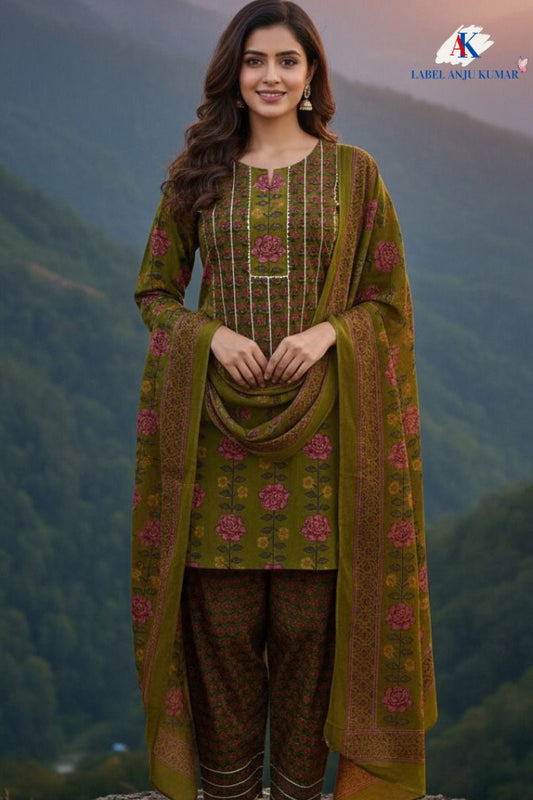 Green Cotton Straight Suit with Farshi Salwar & Dupatta | Gota Lace Detail | Label Anju Kumar