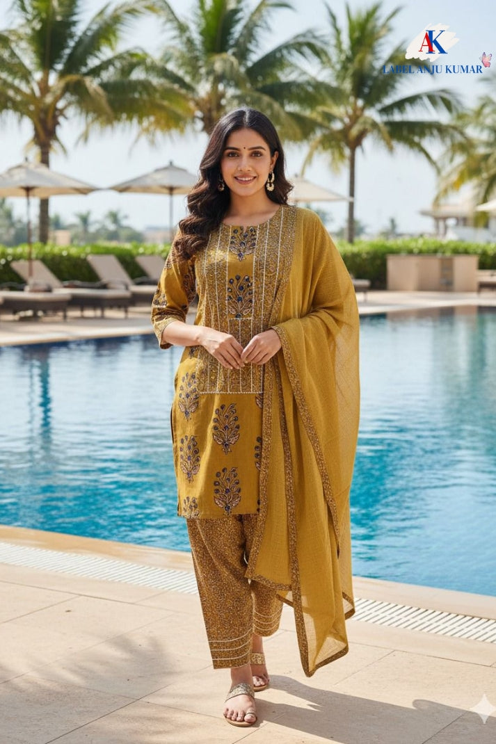 Mustard Cotton Straight Suit with Farshi Salwar & Dupatta | Gota Lace Detail | Label Anju Kumar