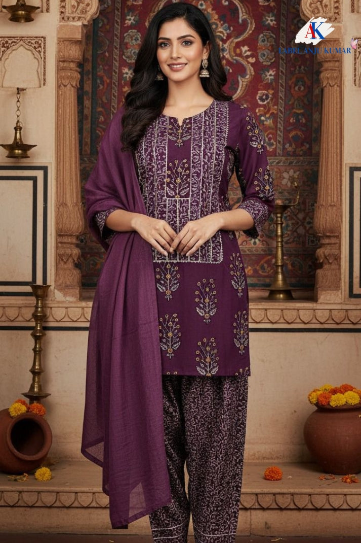 Wine Cotton Straight Suit with Farshi Salwar & Dupatta | Gota Lace Work | Label Anju Kumar