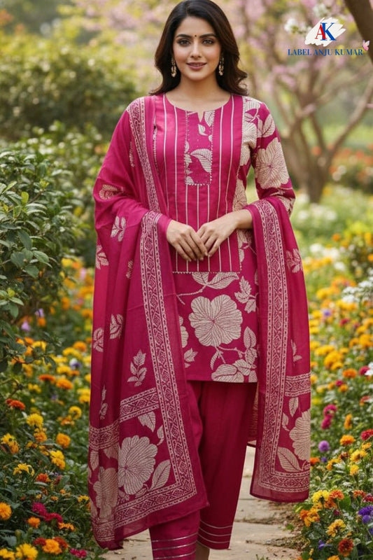 Majenta Cotton Straight Suit with Farshi Salwar & Dupatta | Gota Lace Detail | Label Anju Kumar