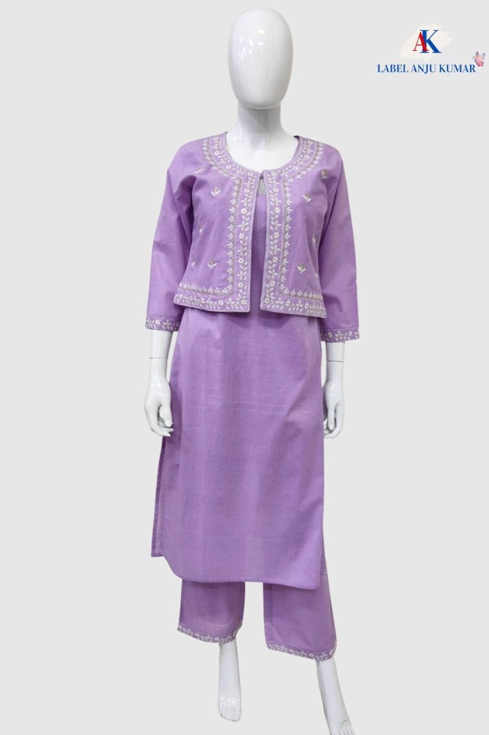 Mauve Pure Cotton Coord Set with Short Shrug & Thread Embroidery | Label Anju Kumar